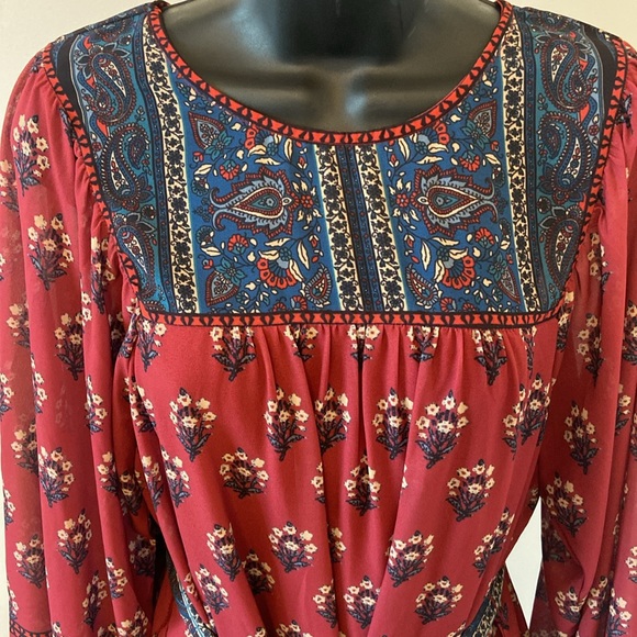 Flying Tomato Burgundy Blue Floral Belted Dress Flowing Size Medium - Picture 2 of 7